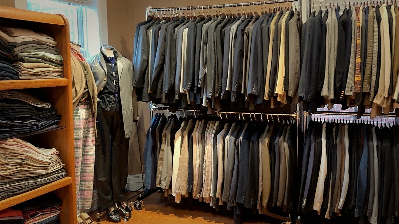 Parv's showroom racks of vintage suits and menswear